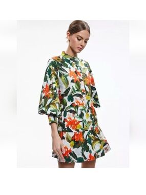 Alice + Olivia White Floral Mini Dress with Green Leaves and Orange Blooms